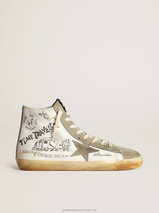 tênis francy com inserções de camurça cinza pomba e letras pretas em toda a peça B82J537 homens Golden Goose